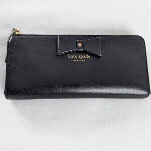 Kate Spade Black Leather Gold Hardware Bow Front Zipper Wallet Baldwin St Nisha